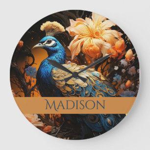Gold and Blue Custom Name Pretty Peacock Large Clock