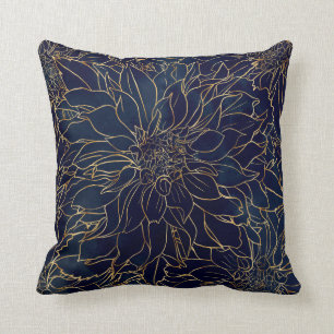 Gold and Blue Dahlia Flower Cushion