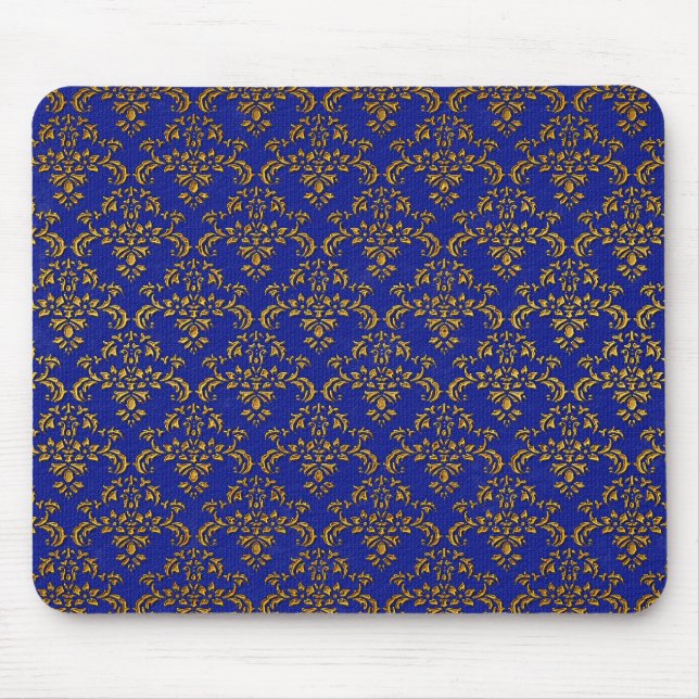 Gold and Blue Damask Mouse Pad (Front)