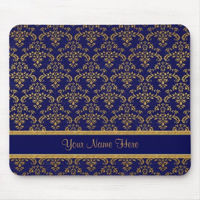 Gold and Blue Damask Mouse Pad (Front)