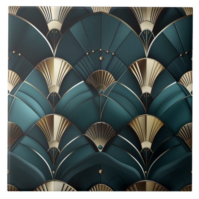 Gold and Blue Deco, Art Deco Fan Ceramic Tile (Front)
