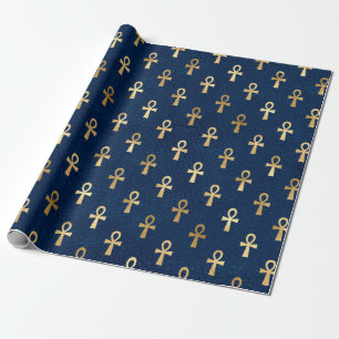 Gold and Blue Egyptian Ankh Pattern Wrapping Paper