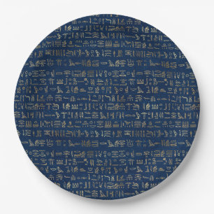 Gold and Blue Egyptian Hieroglyphs Pattern  Paper Plate