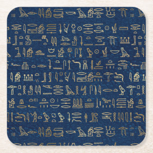 Gold and Blue Egyptian Hieroglyphs Pattern  Square Paper Coaster