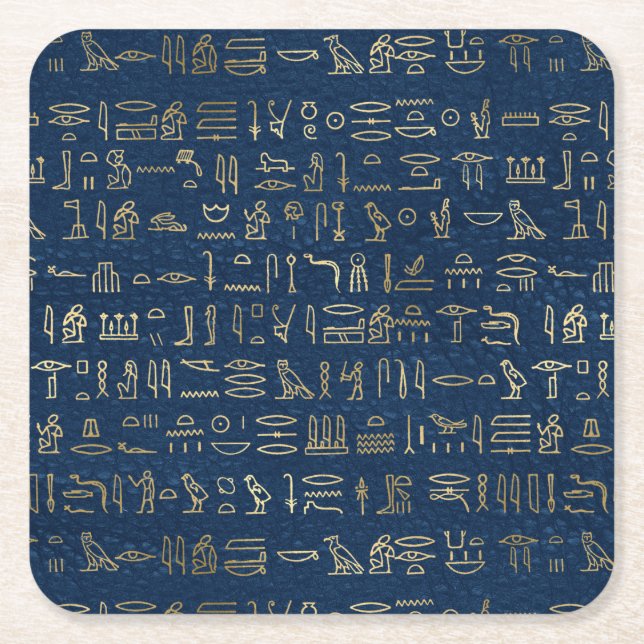 Gold and Blue Egyptian Hieroglyphs Pattern  Square Paper Coaster (Front)