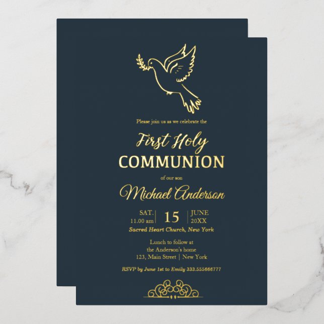 Gold and blue elegant Communion Invitation (Front/Back)