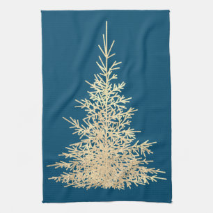 Gold and blue evergreen tree elegant winter tea towel