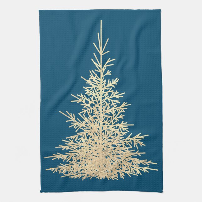 Gold and blue evergreen tree elegant winter  tea towel (Vertical)