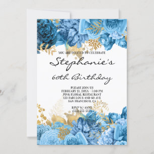 Gold and Blue Floral Borders 60th Birthday Invitation