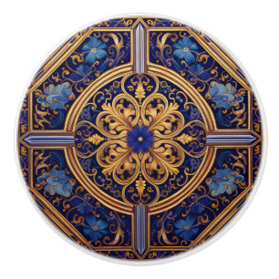 Gold and Blue Floral Ceramic Knob