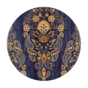 Gold and blue, floral seamless pattern. cutting board