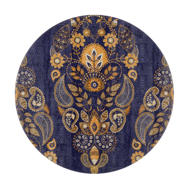 Gold and blue, floral seamless pattern. cutting board (Front)