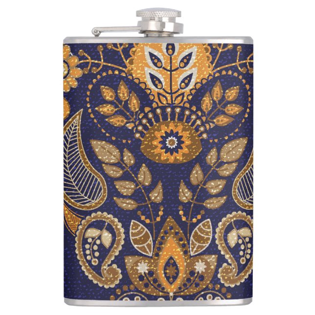 Gold and blue, floral seamless pattern. hip flask (Front)
