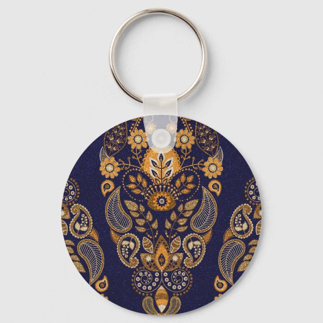 Gold and blue, floral seamless pattern. key ring (Front)