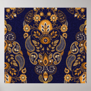 Gold and blue, floral seamless pattern. poster