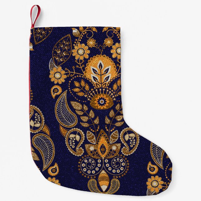 Gold and blue, floral seamless pattern. small christmas stocking (Front)