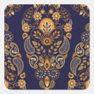 Gold and blue, floral seamless pattern. square sticker