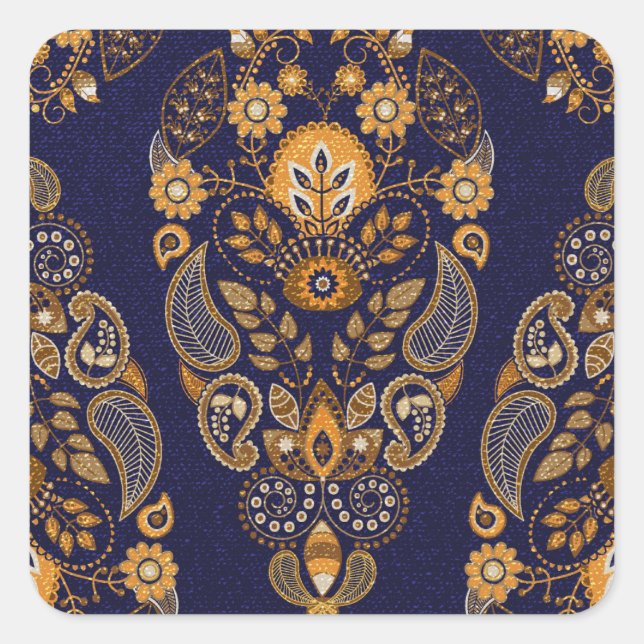 Gold and blue, floral seamless pattern. square sticker (Front)