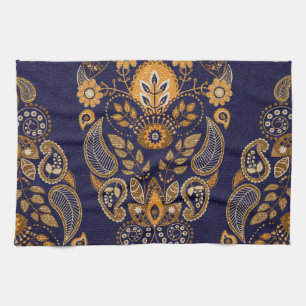 Gold and blue, floral seamless pattern. tea towel