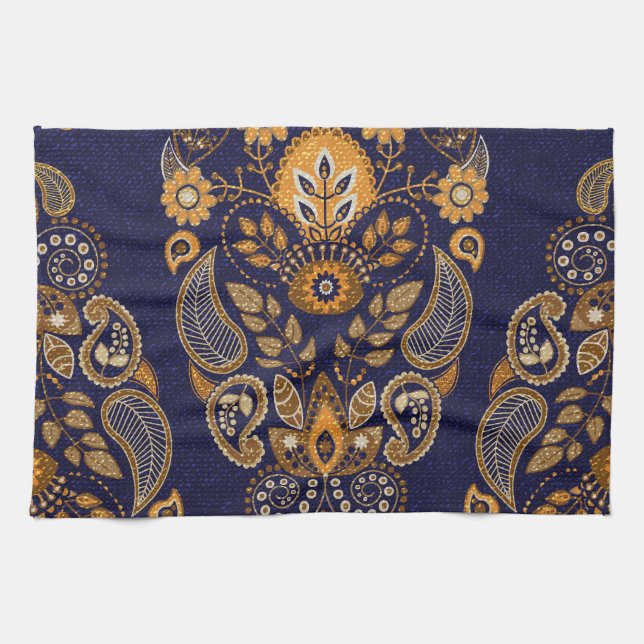 Gold and blue, floral seamless pattern. tea towel (Horizontal)