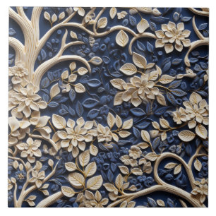 Gold and Blue Floral Tree Relief Effect Ceramic Tile