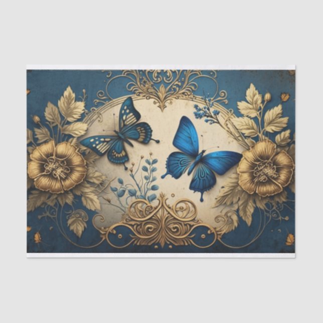 Gold and Blue gilded butterfly Decoupage Tissue Paper (Front)