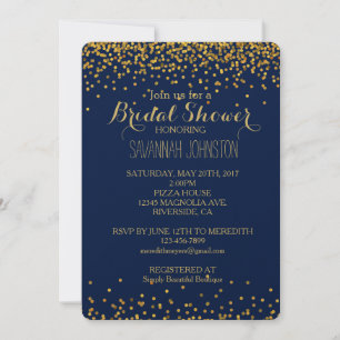 Gold and Blue Glam Confetti Dots bridal shower Invitation