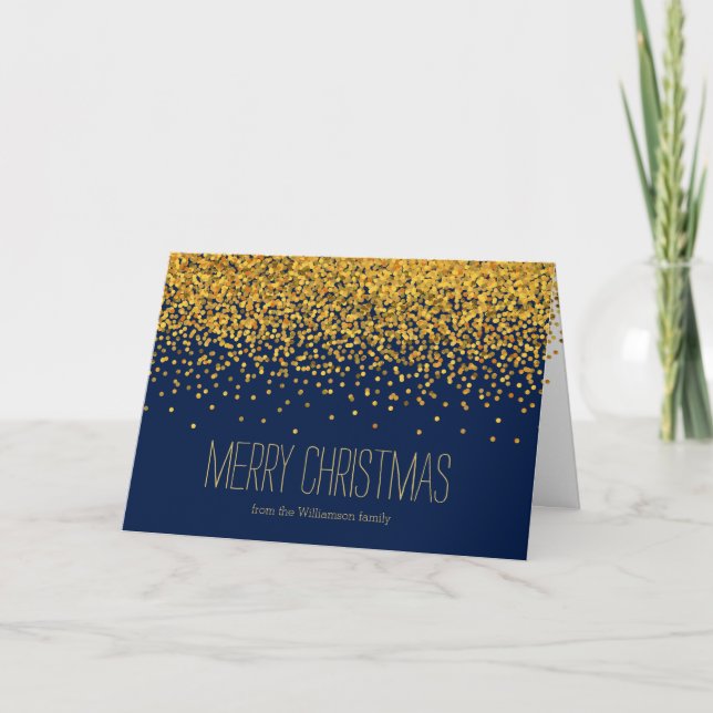 Gold and Blue Glam Confetti Dots Christmas Holiday Card (Front)