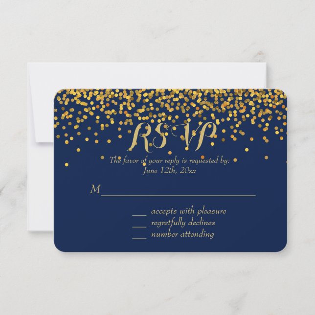 Gold and Blue Glam Confetti Dots RSVP (Front)