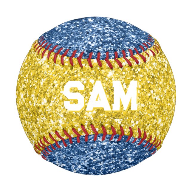 Gold and Blue Glitter Bold Sport Monogram Baseball (Front)
