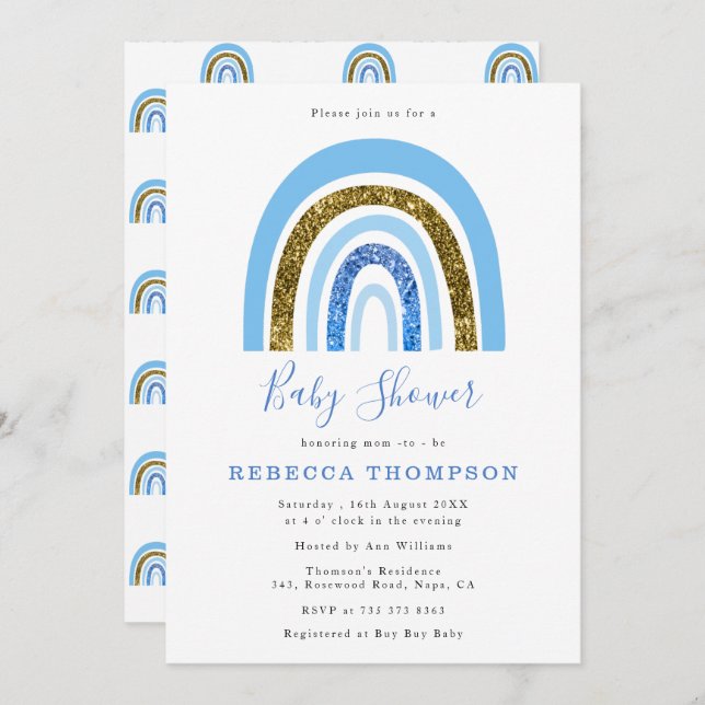 Gold and Blue Glitter Cute Rainbow Baby Shower Invitation (Front/Back)