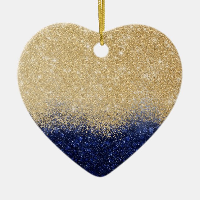 Gold and Blue Glitter Ombre Luxury Design Ceramic Ornament (Front)