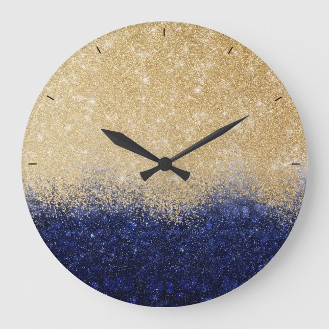 Gold and Blue Glitter Ombre Luxury Design Large Clock (Front)