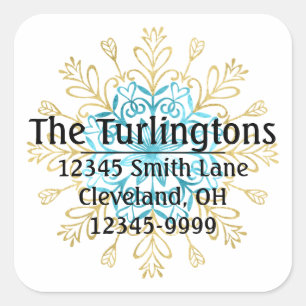 Gold and Blue Handmade Snowflake Return Address Square Sticker