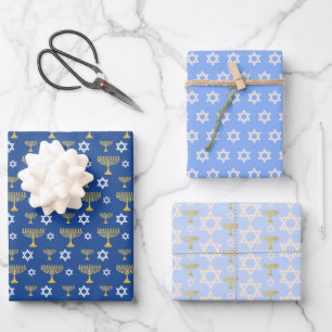Gold And Blue Hanukkah Holiday Pattern Wrapping Paper Sheet
