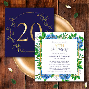 Gold and Blue Hydrangea 20th Wedding Anniversary Invitation