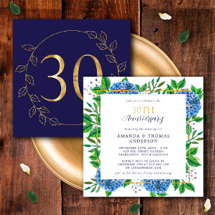 Gold and Blue Hydrangea 30th Wedding Anniversary Invitation