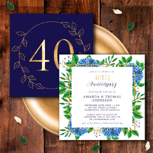 Gold and Blue Hydrangea 40th Wedding Anniversary Invitation