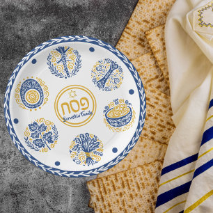 Gold and Blue Jewish Holiday Hebrew Passover  Paper Plate