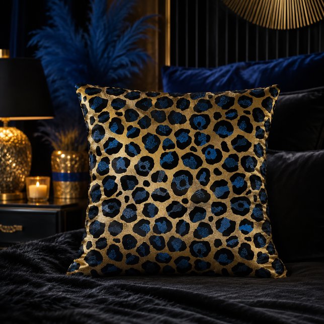 Gold and Blue Leopard Print Animal Pattern Cushion (Creator Uploaded)