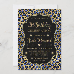 Gold and Blue Leopard Print Birthday Party Invitation