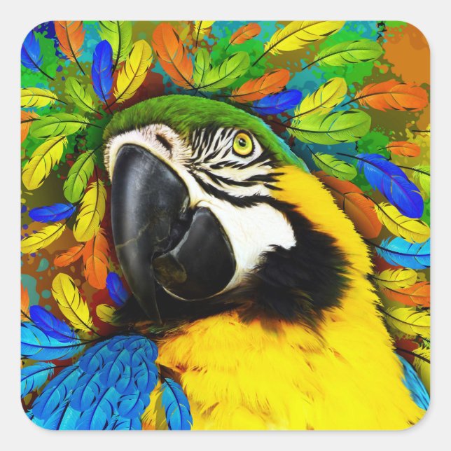 Gold and Blue Macaw Parrot Fantasy Square Stickers (Front)