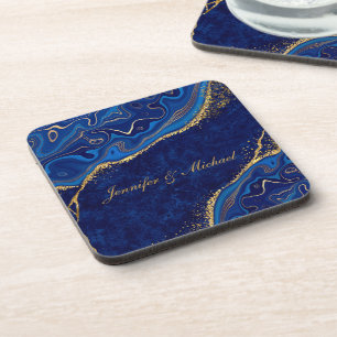 Gold and Blue Modern Wedding Elegant Custom Name   Coaster