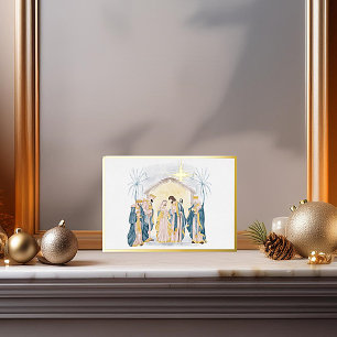 Gold and blue nativity Christmas Foil Holiday Card