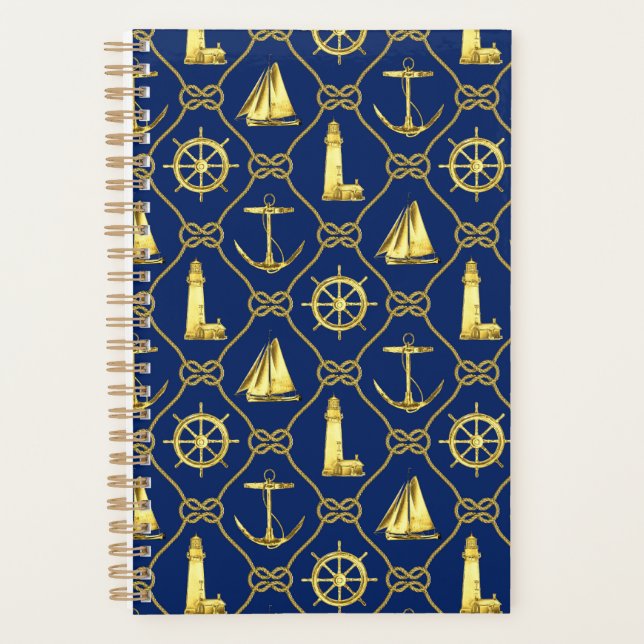 Gold and Blue Nautical Rope Pattern Planner (Front)