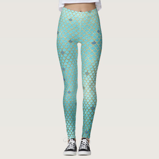 Gold and Blue Ombre Mermaid Scales Leggings (Front)