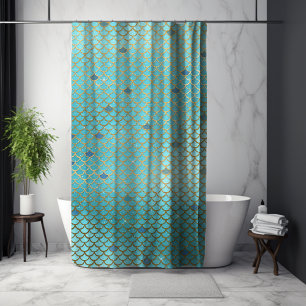 Gold and Blue Ombre Mermaid Scales Shower Curtain