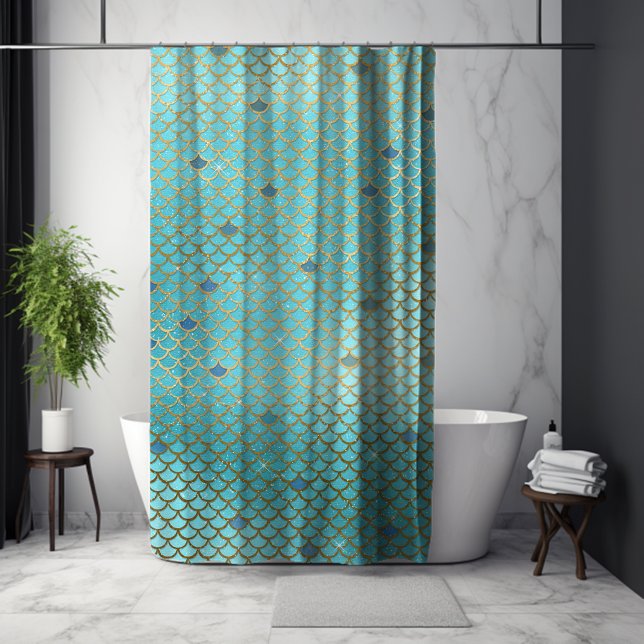Gold and Blue Ombre Mermaid Scales Shower Curtain (Gold and Blue Ombre Mermaid Scales Shower Curtain)