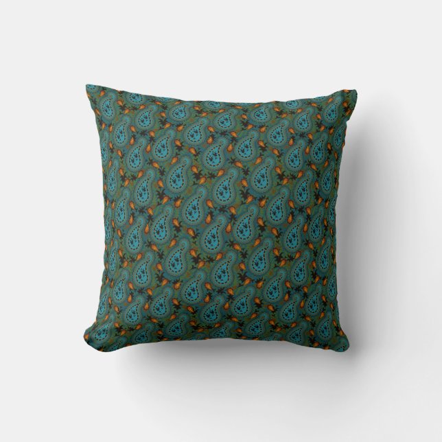 Gold and Blue Paisley Patterned Throw Pillow (Front)
