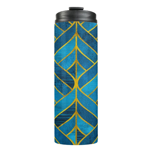 Gold and blue pattern on grunge background, seamle thermal tumbler (Front)